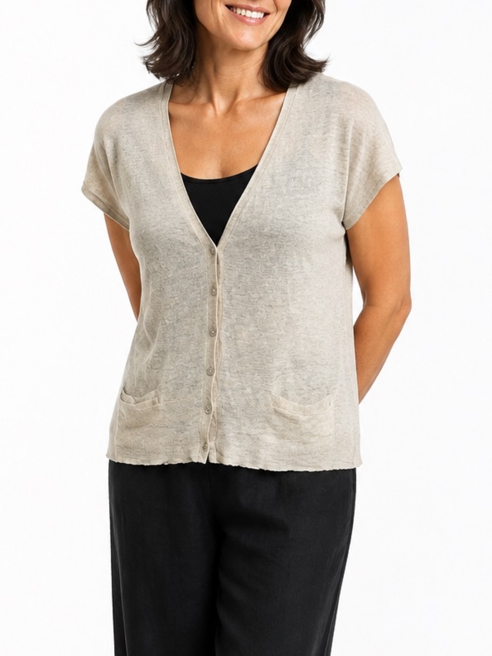 Eileen Fisher Cotton Linen Short Sleeve Cardigan Oatmeal Button Front Pock